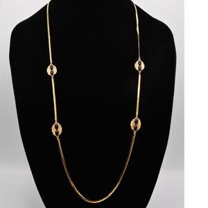 Givenchy Vintage Cabochon Necklace Crystal Gold 36" Station Chain Signed Bin7B